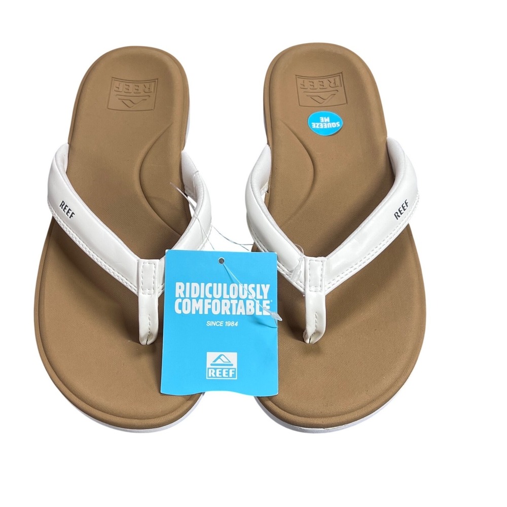 NEW Reef Womens Cushion Cloud Flip Flop Sandals White Tan Comfort Thong Size 6